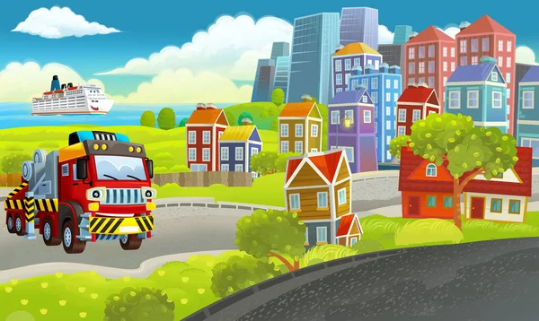 Cartoon Happy Scene Met Verschillende Voertuigen Auto Illustratie Voor Kinderen — Stockfoto