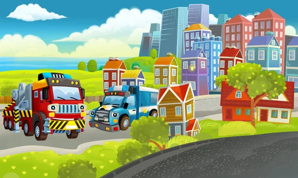 Cartoon Happy Scene Met Verschillende Voertuigen Auto Illustratie Voor Kinderen — Stockfoto