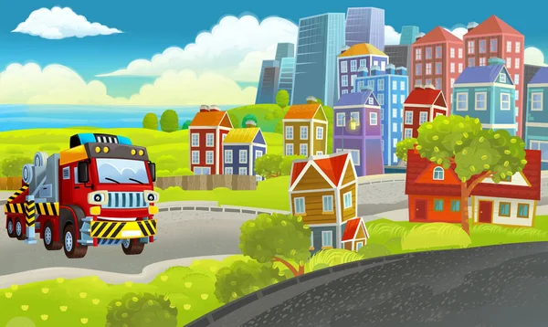 Cartoon Happy Scene Met Verschillende Voertuigen Auto Illustratie Voor Kinderen — Stockfoto