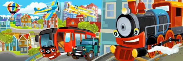 Cartoon Happy Funny Scene Middle City Cars Driving Illustration Children — Stock Photo, Image