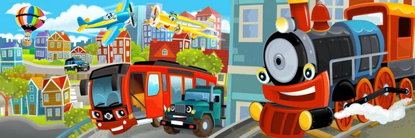 車を運転して街の真ん中の漫画の幸せと面白いシーン 子供のためのイラスト — ストック写真