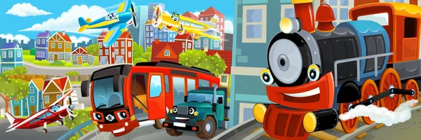 車を運転して街の真ん中の漫画の幸せと面白いシーン 子供のためのイラスト — ストック写真