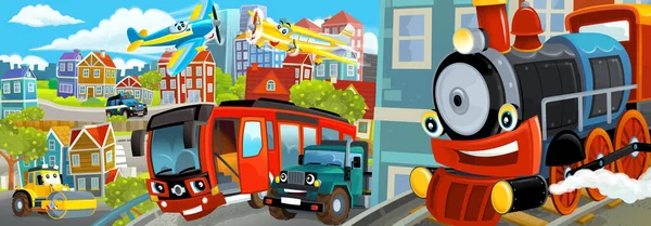 Cartoon Happy Funny Scene Middle City Cars Driving Illustration Children — Stock Photo, Image