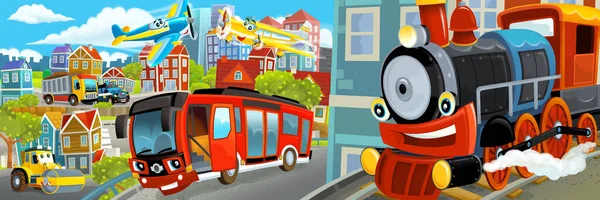 Desenho Animado Cena Feliz Engraçado Meio Uma Cidade Com Carros — Fotografia de Stock