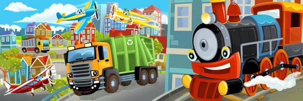 Cartoon Happy Funny Scene Middle City Dumper Truck Cars Driving — Stock Photo, Image