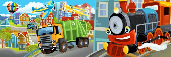 ダンパートラックと車で街の真ん中の漫画の幸せと面白いシーンで運転 子供のためのイラスト — ストック写真