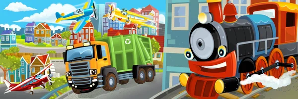 卡通片中的快乐而有趣的场景是一个城市的中央 有一辆垃圾车 还有一辆汽车在旁边开着 给孩子们看 — 图库照片