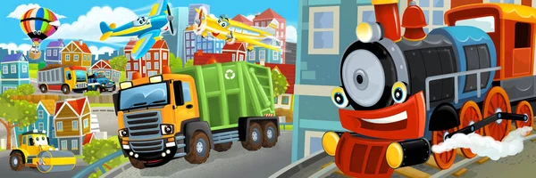 ダンパートラックと車で街の真ん中の漫画の幸せと面白いシーンで運転 子供のためのイラスト — ストック写真
