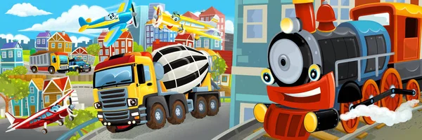 Cartoon Happy Funny Scene Middle City Concrete Mixer Cars Driving — Stock Photo, Image