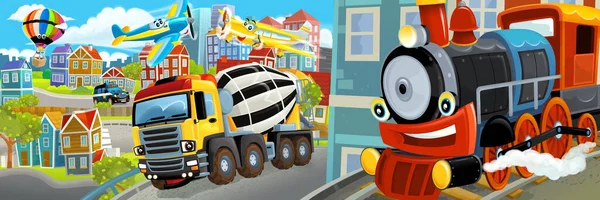 Cartoon Happy Funny Scene Middle City Concrete Mixer Cars Driving — Stock Photo, Image