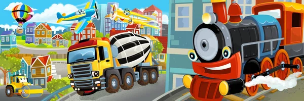 コンクリートミキサーと車で街の真ん中の漫画の幸せと面白いシーンで運転 子供のためのイラスト — ストック写真