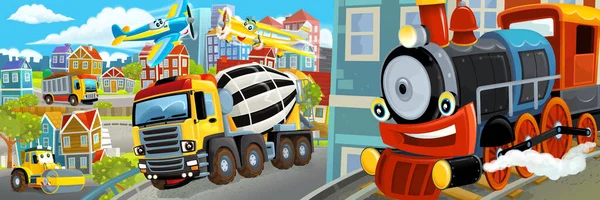 Cartoon Happy Funny Scene Middle City Concrete Mixer Cars Driving — Stock Photo, Image