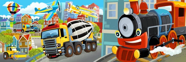 Cartoon Happy Funny Scene Middle City Concrete Mixer Cars Driving — Stock Photo, Image