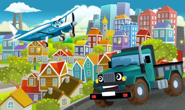 Kreslené Šťastné Zábavné Scény Uprostřed Města Létající Letadlo Ilustrace Pro — Stock fotografie