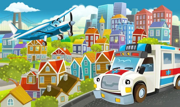 Tecknad Glad Och Rolig Scen Mitten Stad Med Flygande Flygplan — Stockfoto