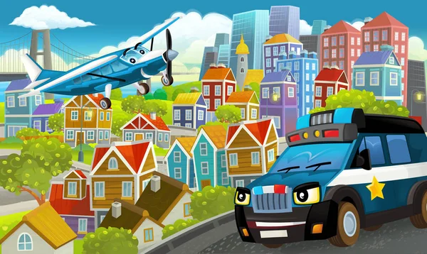 Dessin Animé Scène Joyeuse Drôle Milieu Une Ville Avec Avion — Photo