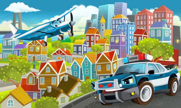 Cartoon Happy Funny Scene Middle City Flying Plane Illustration Children — Stock Photo, Image