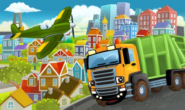 Desenho Animado Cena Feliz Engraçado Meio Uma Cidade Com Voar — Fotografia de Stock