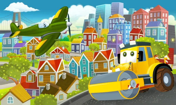 卡通片中的一个城市中央的快乐而有趣的场景 为孩子们提供飞行的飞机图解 — 图库照片