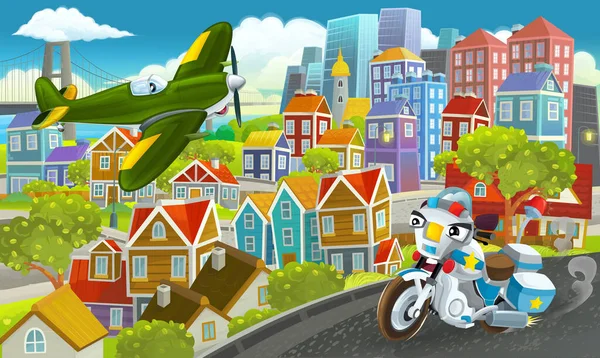子供のための空飛ぶ飛行機のイラストで街の真ん中の漫画の幸せと面白いシーン — ストック写真