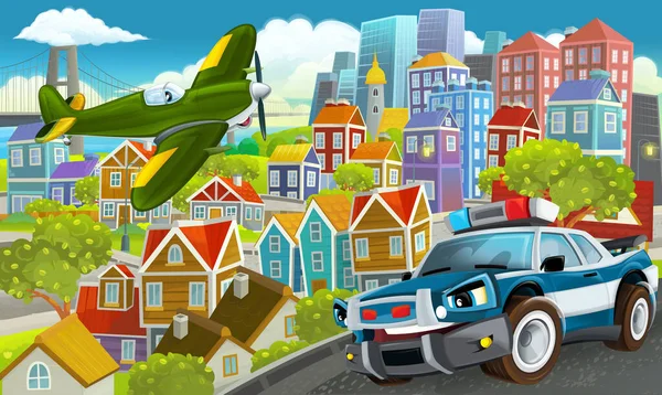 Cartoon Happy Funny Scene Middle City Flying Plane Illustration Children — Stock Photo, Image