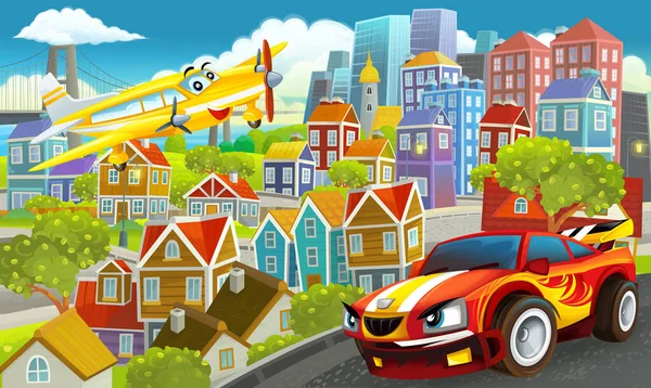 子供のための空飛ぶ飛行機のイラストで街の真ん中の漫画の幸せと面白いシーン — ストック写真