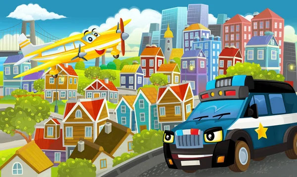 Kreskówka Szczęśliwy Zabawny Scena Środku Miasta Latający Samolot Ilustracja Dla — Zdjęcie stockowe