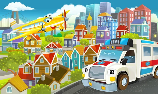 Rajzfilm Boldog Vicces Jelenet Közepén Egy Város Repülő Repülőgép Illusztráció — Stock Fotó