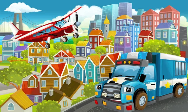 Cartoon Happy Funny Scene Middle City Flying Plane Illustration Children — Stock Photo, Image