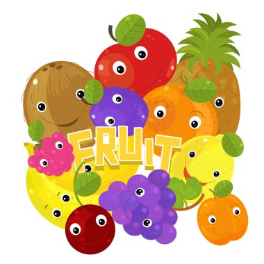 karikatür meyve sahnesi beyaz arka planda birçok farklı meyve seti - çocuklar için illüstrasyon