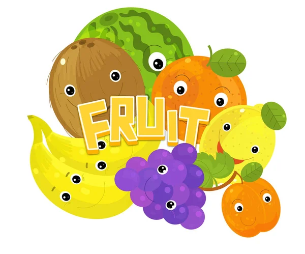 cartoon fruit scene with many different fruit as a meal set on white background - illustration for children