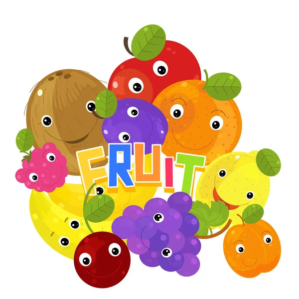 Cartoon Fruit Scene Met Veel Verschillende Vruchten Als Een Maaltijd — Stockfoto