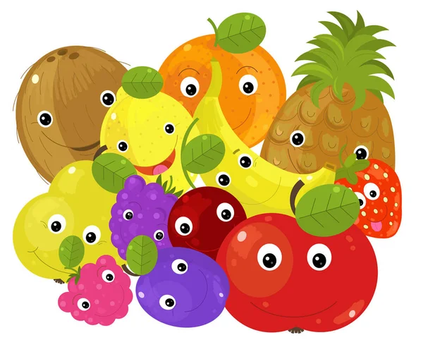 cartoon fruit scene with many different fruit as a meal set on white background - illustration for children