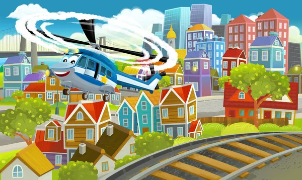 Cartoon Funny Looking Scene Police Helicopter City Illustration Children — Stock Photo, Image