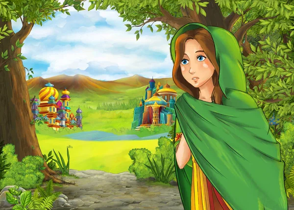 带有公主城堡的卡通自然场景 儿童插图 — 图库照片