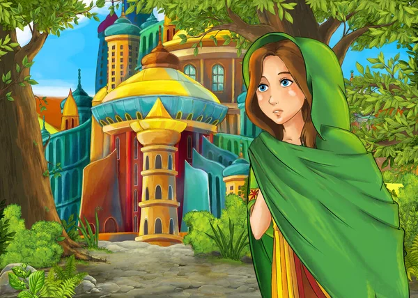 Dessin Animé Scène Nature Avec Beau Château Avec Princesse Illustration — Photo