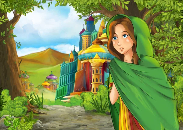 Dessin Animé Scène Nature Avec Beau Château Avec Princesse Illustration — Photo