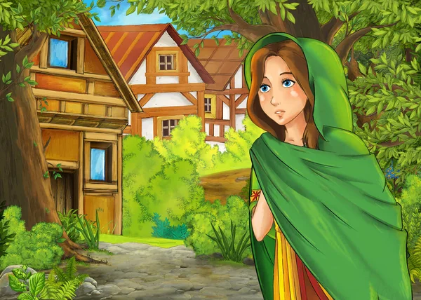 带有公主的村庄的卡通自然场景 儿童图解 — 图库照片