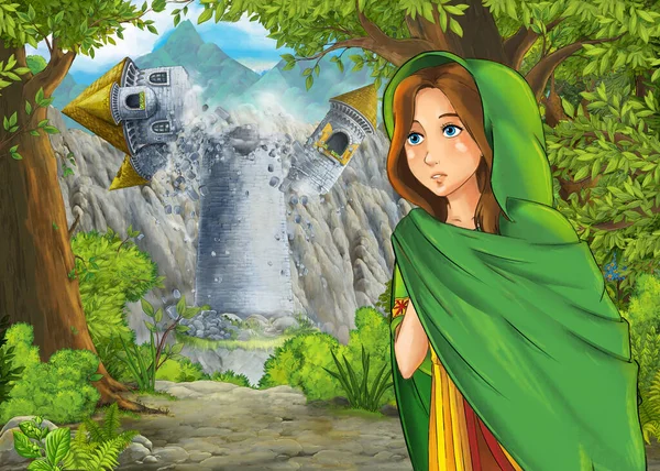 Cartoon Příroda Scéna Krásným Zámkem Princeznou Ilustrace Pro Děti — Stock fotografie
