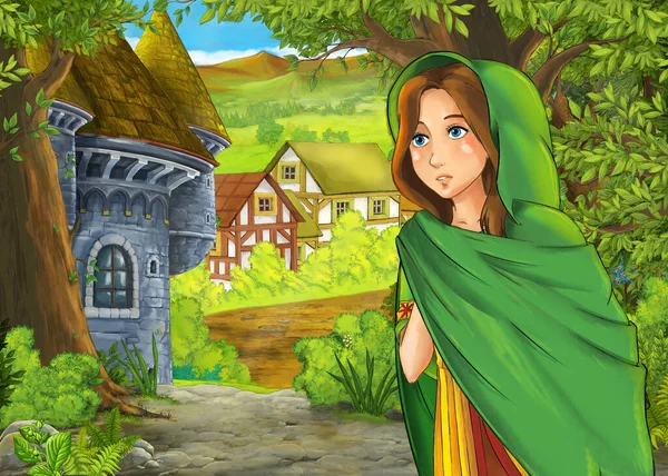 Cartoon Nature Scene Farm Village Princess Illustration Children — Stock Photo, Image