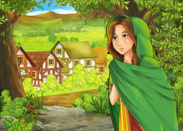 Scena Naturalistica Con Cartoni Animati Villaggio Agricolo Con Principessa Illustrazione — Foto Stock