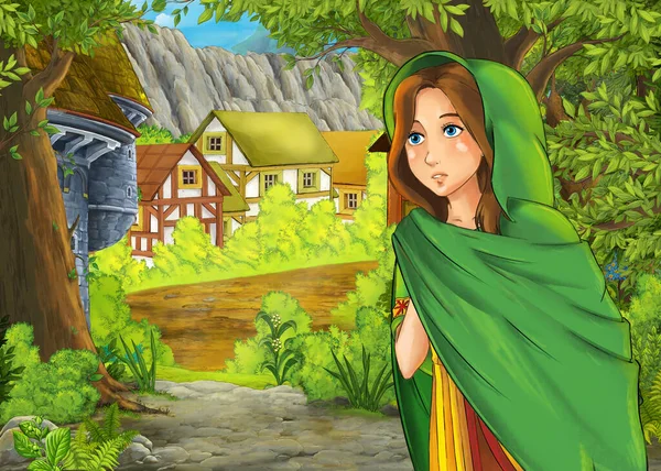 Cartoon Přírodní Scéna Farmářskou Vesnicí Princeznou Ilustrace Pro Děti — Stock fotografie