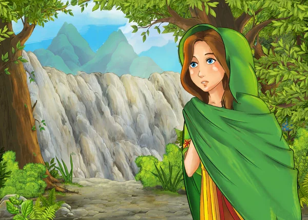 森林附近有高山山谷的卡通片 附有王子和公主的儿童插图 — 图库照片