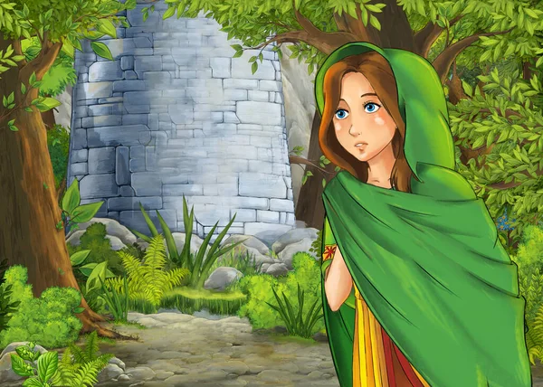 带有王子和公主的漂亮城堡的卡通自然场景 儿童插图 — 图库照片
