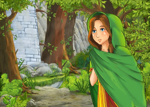 Karikatür Doğa Sahnesi Prens Prensesle Güzel Bir Şato Çocuklar Için — Stok fotoğraf