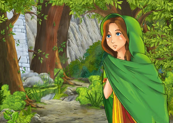 Karikatür Doğa Sahnesi Prens Prensesle Güzel Bir Şato Çocuklar Için — Stok fotoğraf
