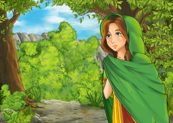 森林附近有高山山谷的卡通片 附有王子和公主的儿童插图 — 图库照片