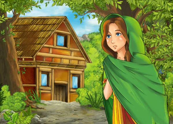 带有公主的村庄的卡通自然场景 儿童图解 — 图库照片