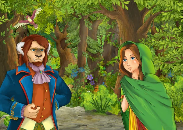 Cartoon Zomer Scene Met Weide Het Bos Met Prins Prinses — Stockfoto