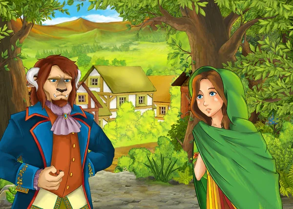 Cartoon Summer Scene Path Farm Village Prince Princess Illustration Children — Stock Photo, Image